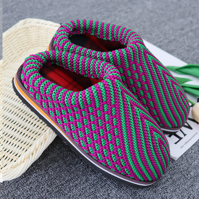 毛线鞋子编织棉拖鞋居家保暖棉鞋靴加厚情侣 成品拖鞋-玫红果绿太阳花