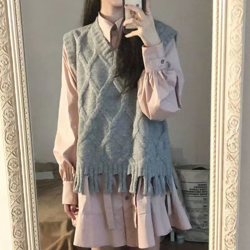 女学生套装春秋新款宽松百搭灰色马 套装【马甲 粉色裙子】 最佳搭配