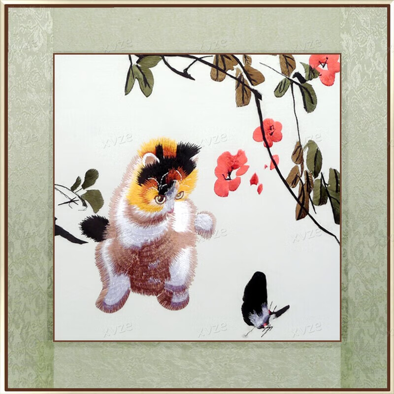 刺绣成品客厅现代简约艺术品湘绣手工装裱方形 乳白色 小猫扑蝶3232