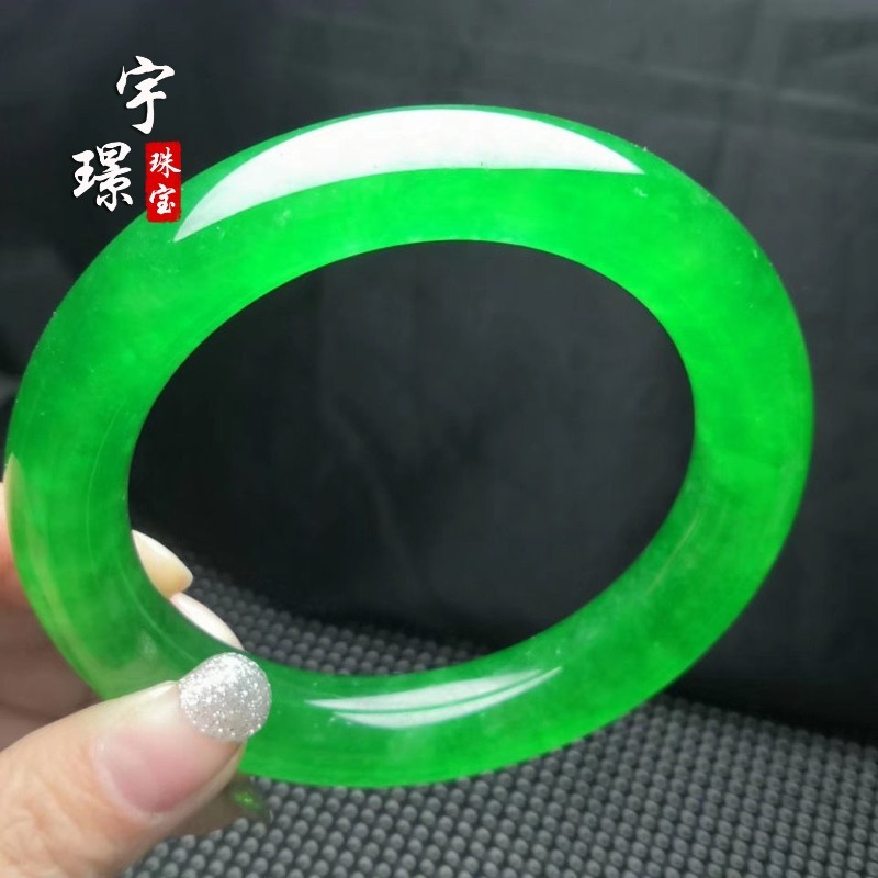 缅甸翡翠满绿圆条镯子翡翠冰种透阳绿全绿圆条手镯男女款玉镯