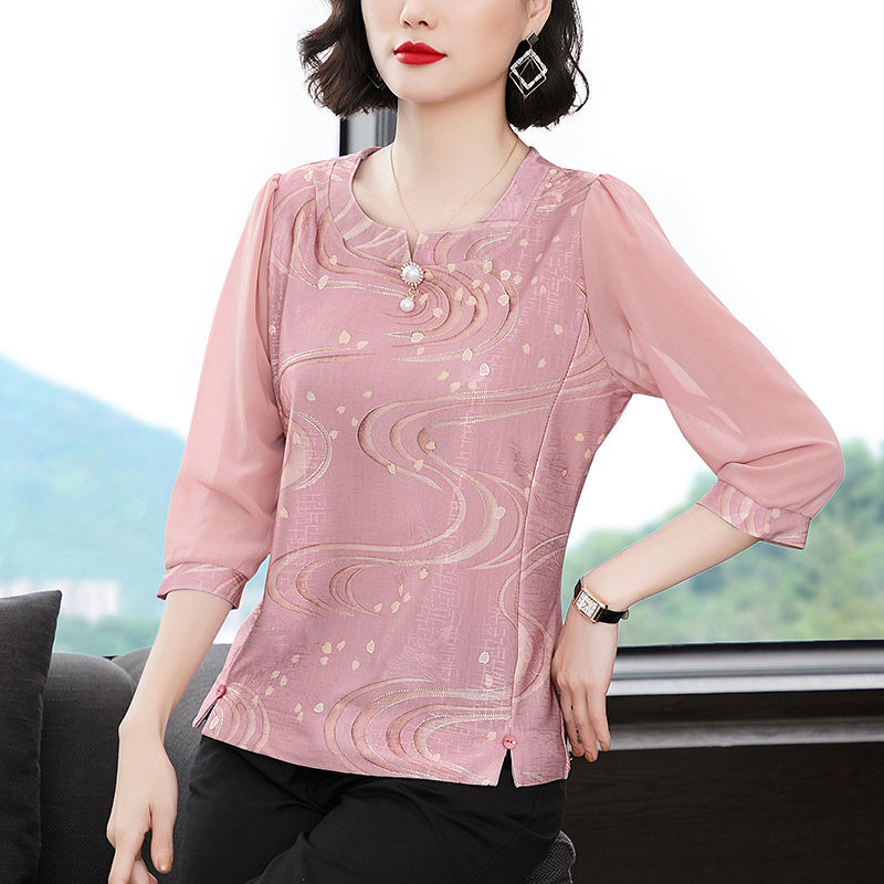 颜随中年女式雪纺衫宽松年轻雪纺衫中年女洋气气质减龄雪纺衫春装