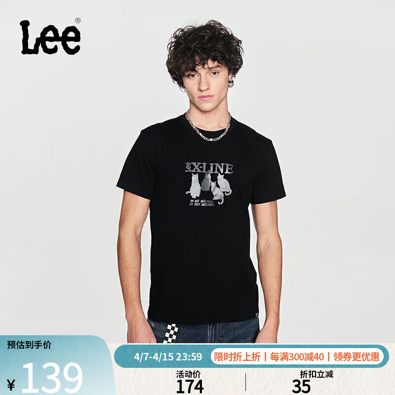 Lee24春夏新品标准版型字母印花棉质圆领男短袖T恤潮LMT0081174LE 黑色 XL