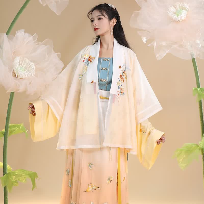 重回汉唐花满蹊原创汉服女明制对襟马面裙全套中国风夏季薄款 嫩黄色直领对襟衫 165怎么看?