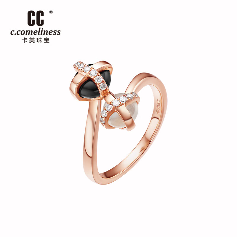 cc卡美珠宝结锁系列黑结戒指 18k玫瑰金镶钻石黑玉髓月光石女款珠宝