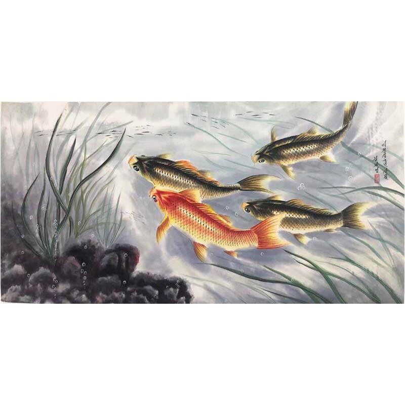 2019年朝鲜风景国画精品一级画家金在英《有鱼图》托底客厅书房装饰