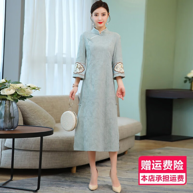 hkwz中国风茶艺师服装女中式禅意裙子棉麻茶服秋季女装改良旗袍连衣裙