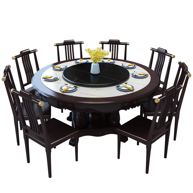 卡洛森餐桌 中式全实木岩板餐桌椅组合带软包圆形家用10人饭桌带转盘雕花大圆桌 黑紫色  1.2米单餐桌（配0.8米转盘）