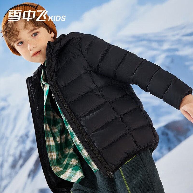 雪中飞童装儿童轻薄羽绒服男童新款中大童女童薄款外套冬 黑色 170