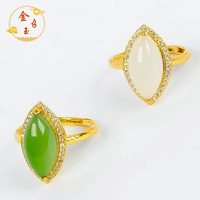 金召玉金镶玉999足金和田玉戒指黄金碧玉女戒送女朋友礼物 足金和田
