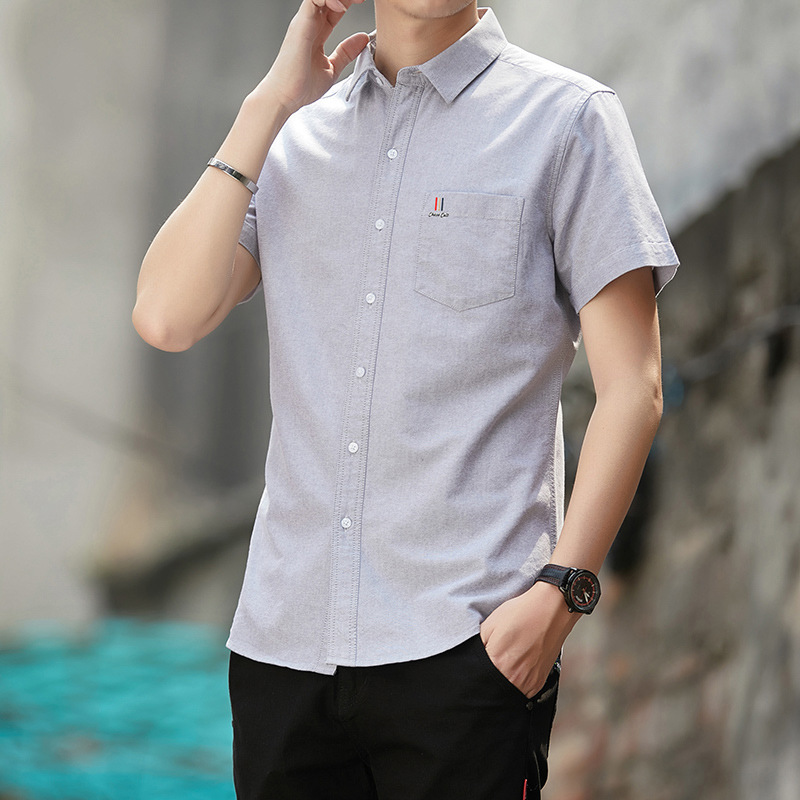 初売り初売り 男士短袖衬衫夏季新款韩版休闲衬衣男青年衣服牛津纺男寸J028灰色 ボウリング