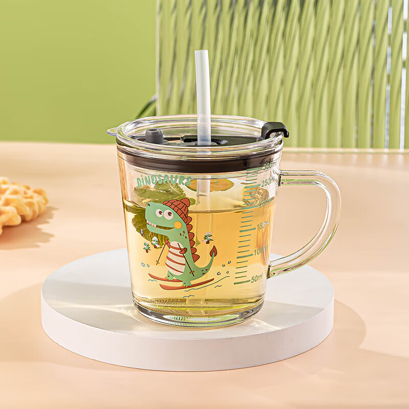 乐唯诗（LOVWISH）玻璃带刻度牛奶杯儿童吸管水杯喝奶杯泡冲奶粉专用大宝宝早餐杯 卡通吸管杯【恐龙】300ml1只