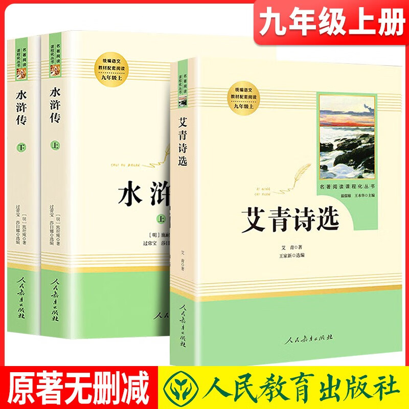 套装3册 九年级上册名著阅读必读：艾青诗选+水浒传上+水浒传下 初中名著阅读九年级上册必读 人民教育出版社