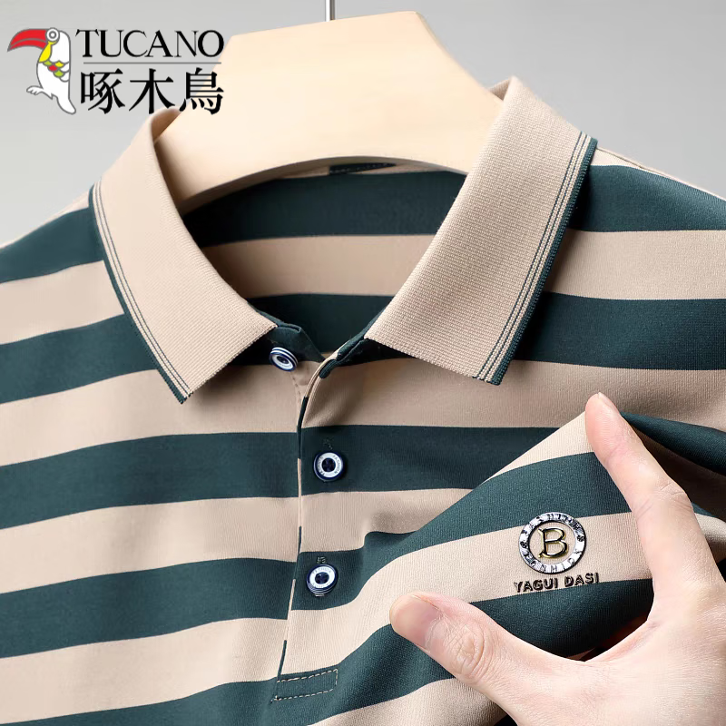啄木鸟（TUCANO）纯棉男士短袖t恤2024新款夏季中年宽松翻领polo 衫条纹半袖体恤男 【短袖】601绿色 170/L 建议120140斤