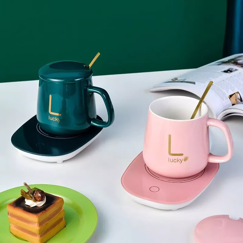 杯55°C度陶瓷马克杯带盖勺保温水杯家用办公暖暖杯牛奶咖啡杯 白色杯+垫+礼盒