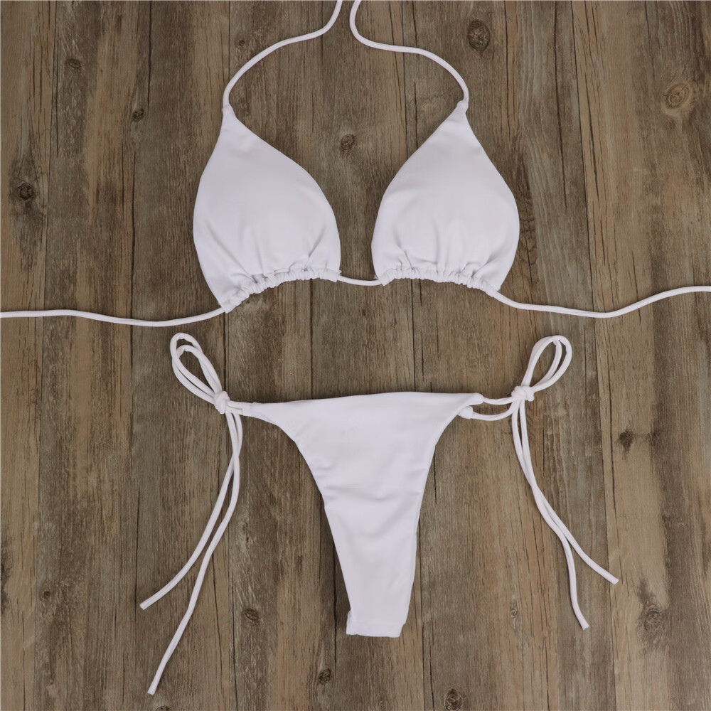 天颛比基尼一根绳欧美新款纯色系带热卖多色性感泳衣女士冇尕 白色冇