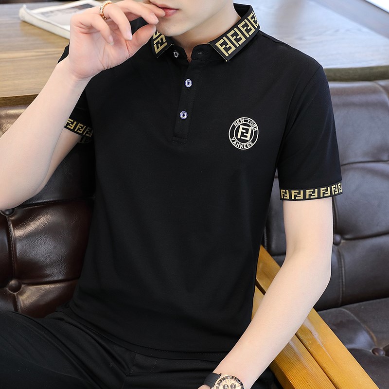花花公子2021夏季新款韩版潮流翻领衫个性青年男士有带领短袖T恤上衣 QDTP2021黑色 M
