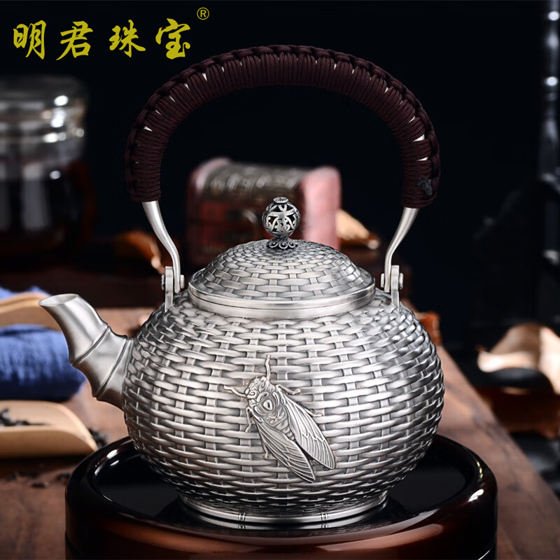 珠宝银壶 知足常乐足银999烧水壶日式竹节编织纹中式大容量煮茶提梁壶