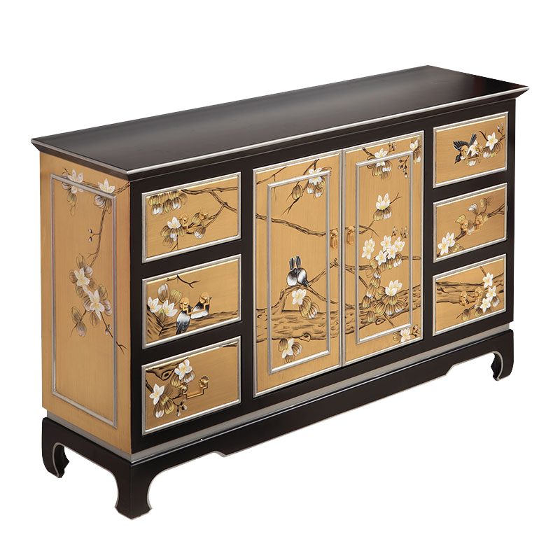 品涵藝術(shù)1.5米美式新中式金箔彩繪花鳥客廳玄關(guān)門廳裝飾柜餐邊收納儲物柜 1500*400*900MM鳥語花香金