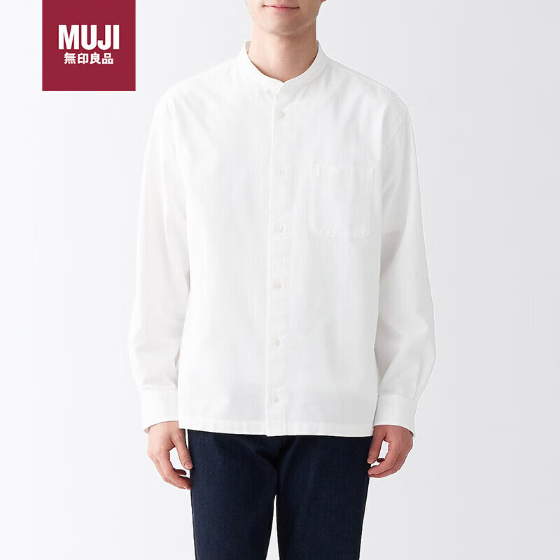无印良品（MUJI）男式 棉水洗牛津 立领长袖衬衫休闲百搭衬衫 白色 M 