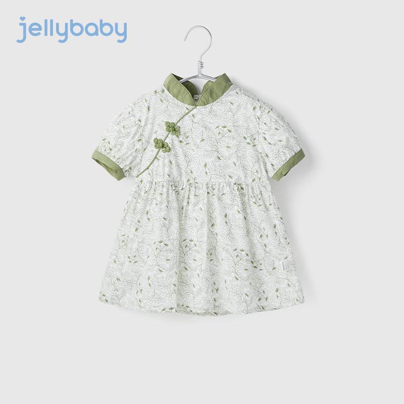 JELLYBABY【碎花古典连衣裙】2023年夏季新款儿童女童唐装汉服裙子 绿色 90