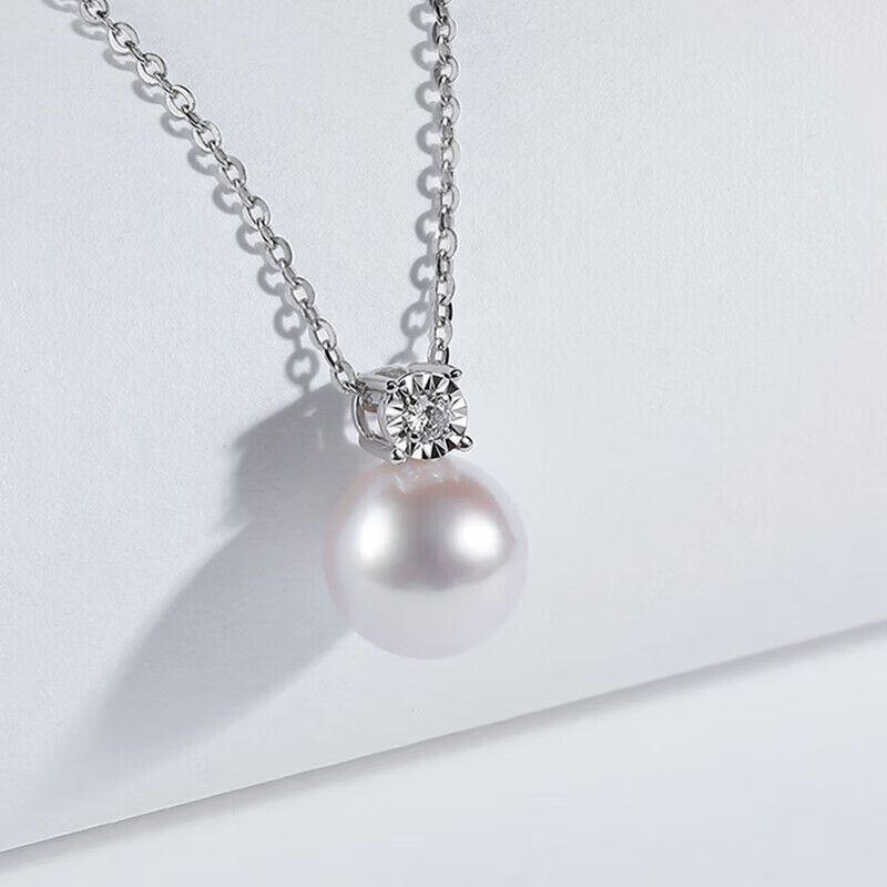 珍珠皇后Akoya海水珍珠项链18K金镶钻石吊坠戴妃款生日礼物送女朋友 白色18K金【8.5-9mm】