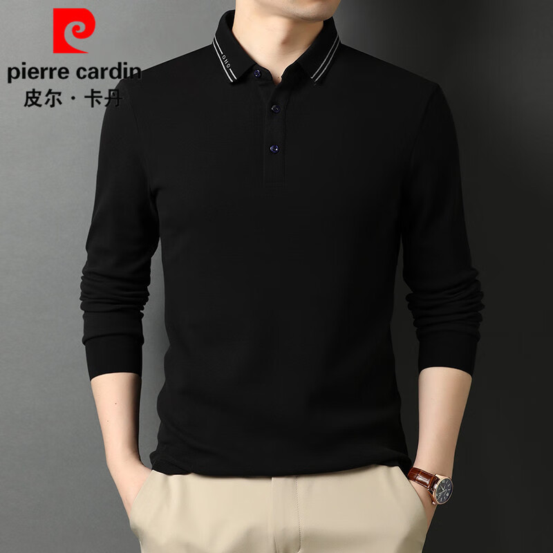 皮尔卡丹（pierre cardin）长袖t恤男翻领春秋季纯棉polo上衣中青年休闲薄款100%全棉打底衫