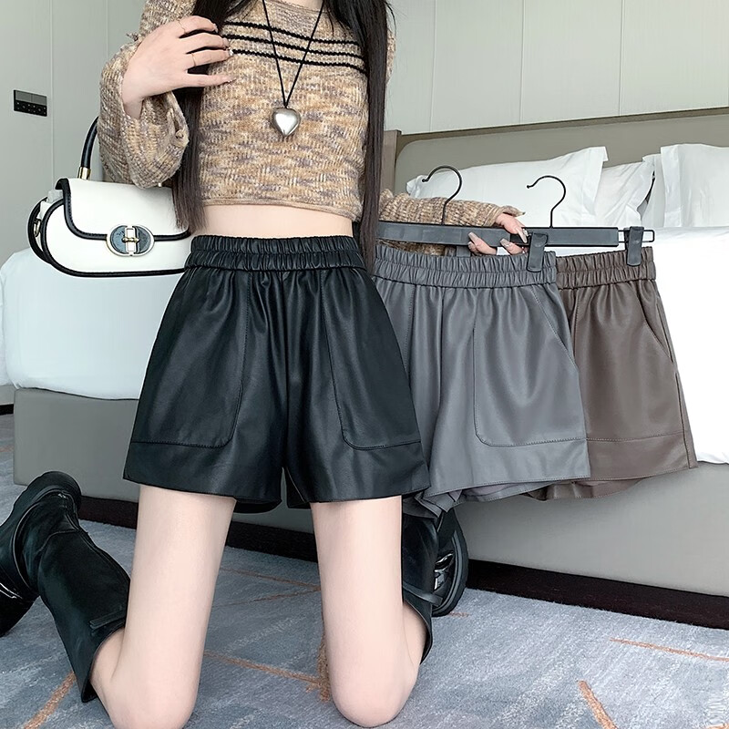 SEMALAM皮短裤女2023年秋冬新款高腰显瘦pu皮裤阔腿A字宽松外穿靴裤 黑色 XL使用感如何?