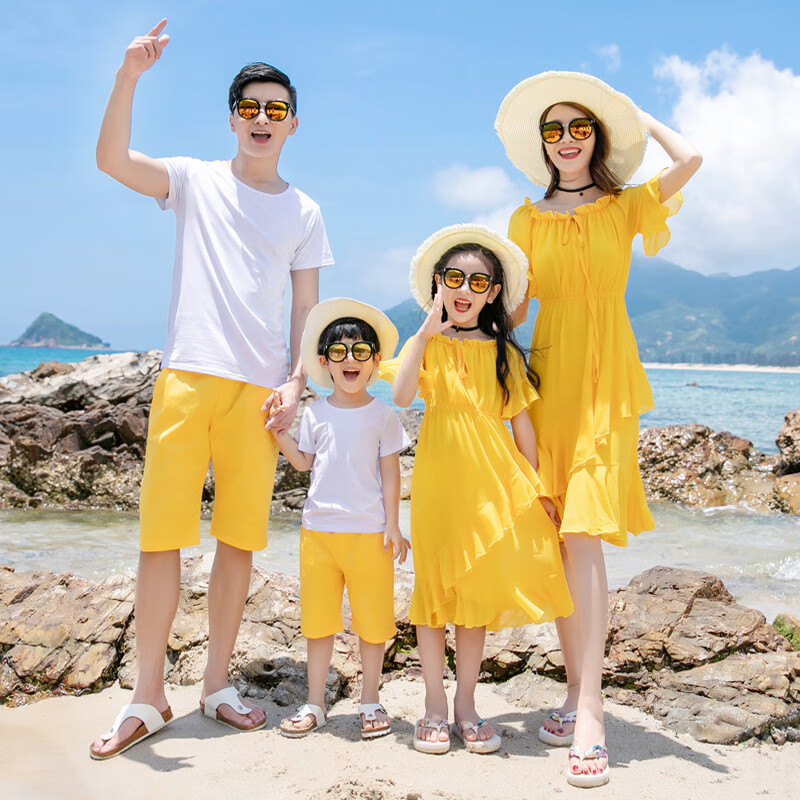 悦海悦贝亲子装一家三口海边度假三亚旅游沙滩裙出游拍照母女装连衣裙四口 黄色 女士M