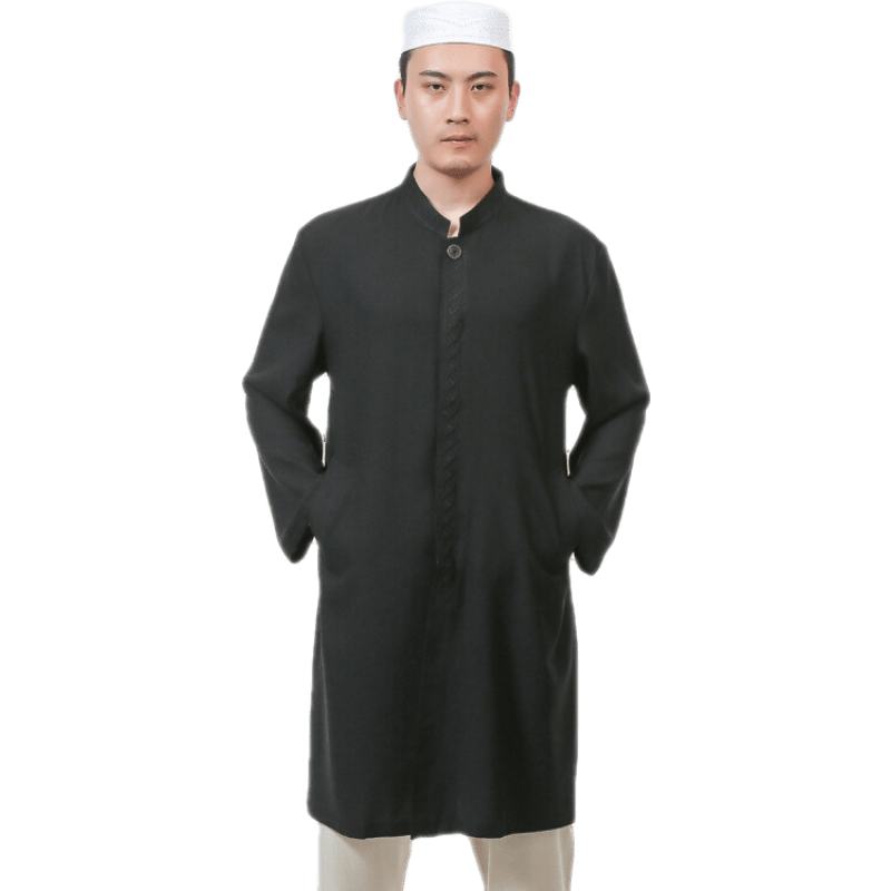 conwhd 中东沙特阿拉伯长袍季男亚麻立领中长款绣花迪拜长衫 黑色 170