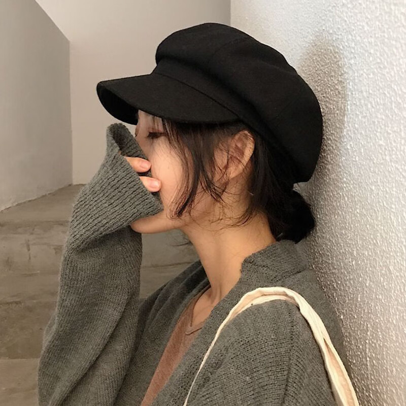 禾沁亚大头围贝雷帽秋冬毛呢超大八角帽女男大头画家帽报童帽 黑色 毛