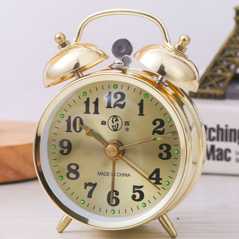 上海老式机械手动上弦上发条闹钟金属发条大铃声金属机芯鸡吃米怀