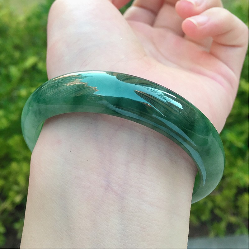 时乾 天然正品冰糯种油青翡翠手镯 飘花玉手镯女a货玉镯子缅甸送妈妈