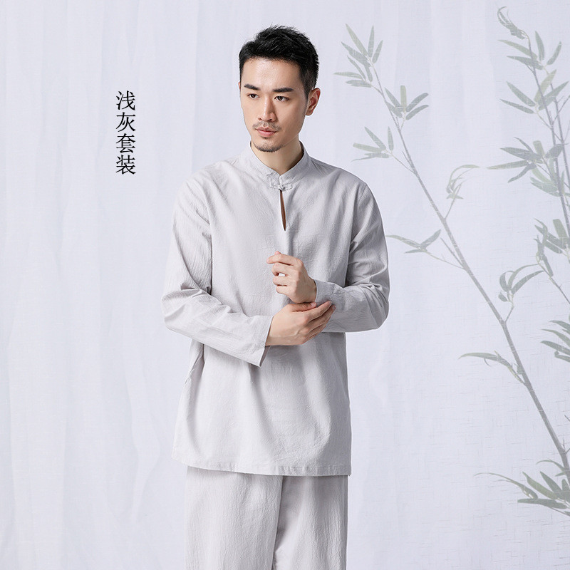 春夏新款棉麻瑜伽服套装男装大码宽松长袖禅修服居士服男两件套 浅灰