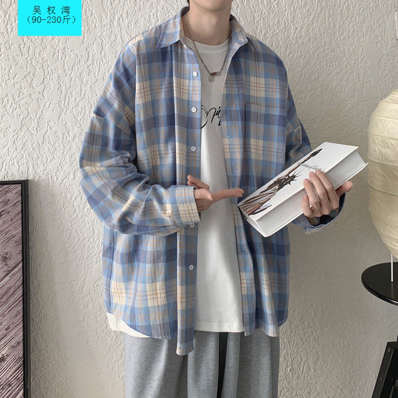 吴权湾格子长袖衬衫男士潮牌ins休闲百搭衬衣韩版潮流外套港风帅气
