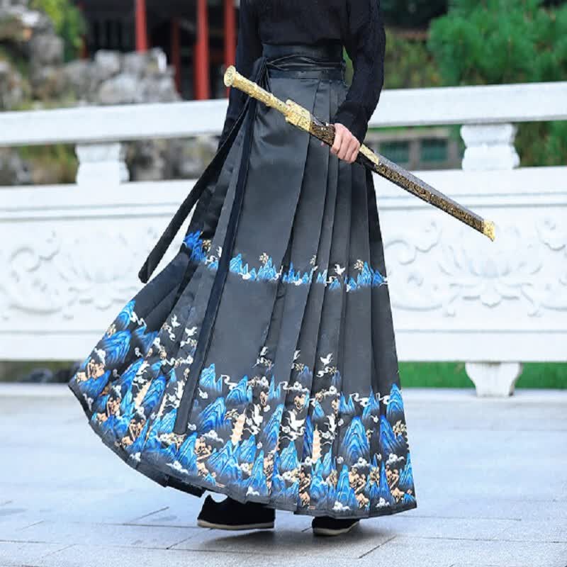 雅格罗伊马面裙男套装成人汉服男新中式国风马面裙套装黑色飞机袖日常