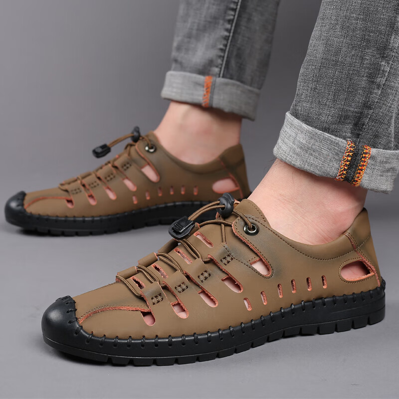 度凡尼斯飞行员男凉鞋凉鞋男夏季新款真皮男休闲镂空皮鞋软底防滑洞洞