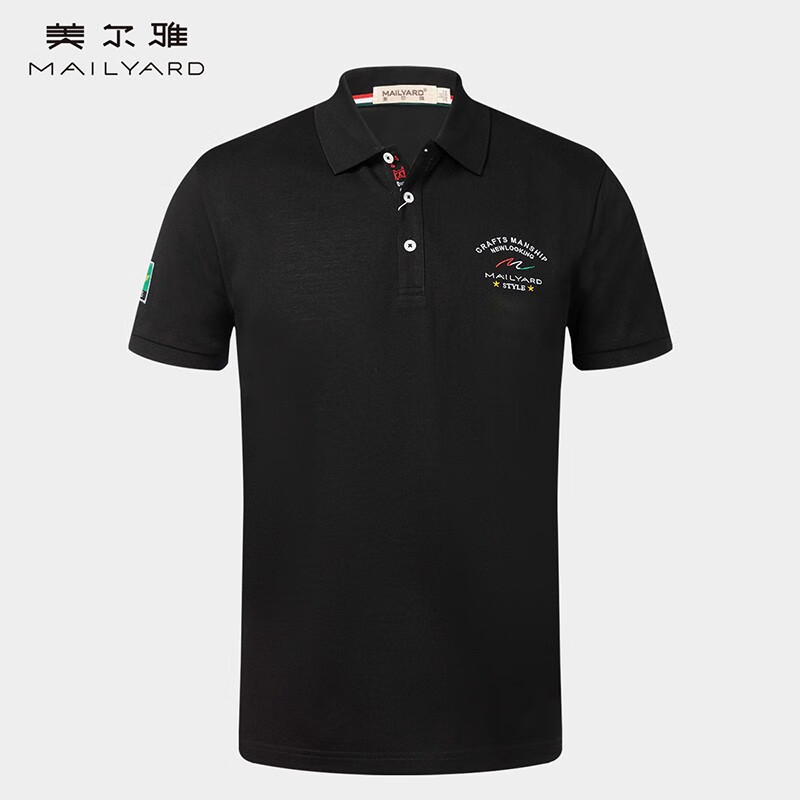 mailyard/美尔雅短袖t恤 纯棉休闲时尚男士夏翻领刺绣上衣 850 黑色
