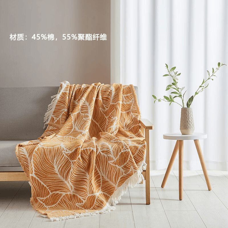 VTX外贸欧美午睡毯休闲毯车载沙发毯全盖毯流苏毯田园小清新保暖披肩 黄色树叶 127*153CM