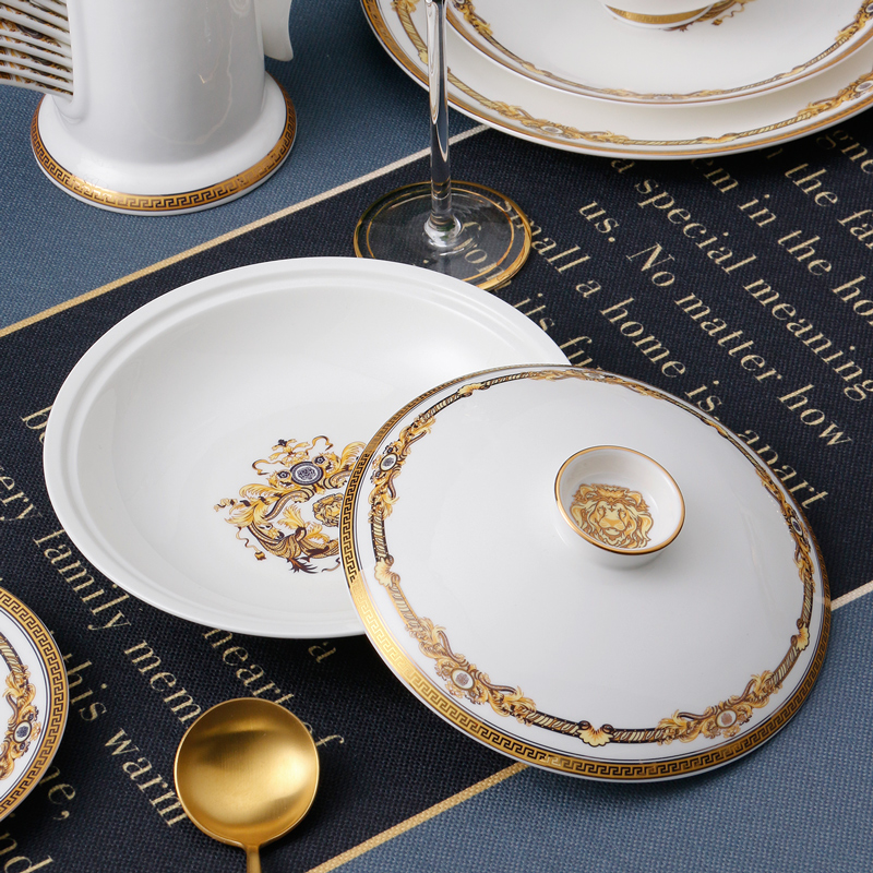 品聚德  家用欧式骨瓷和合盘带盖盘子碟子金边可微波深菜盘深饭盘汤盘