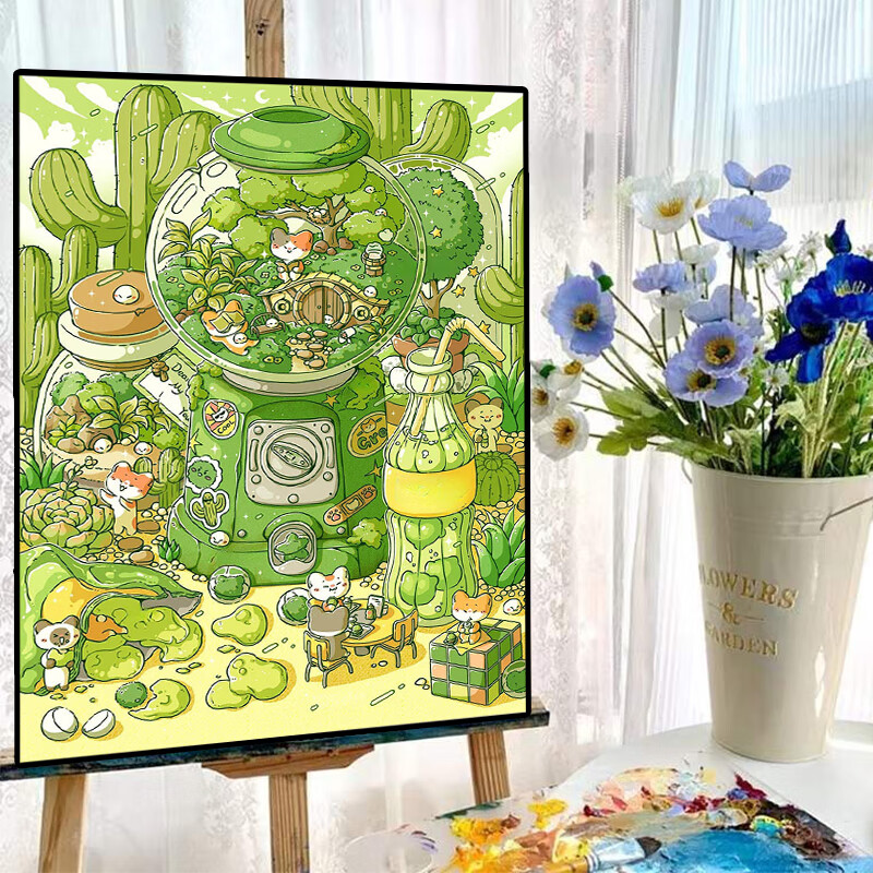 植物园动漫数字油画手工diy填充涂色画丙烯肌理装饰画手绘油彩画 xk