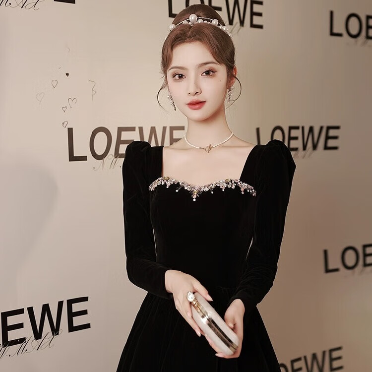 麗佰昕黑色晚禮服女2025新款輕奢高端氣質(zhì)年會(huì)成人禮絲絨秋冬季長(zhǎng)袖禮服 黑色 XL