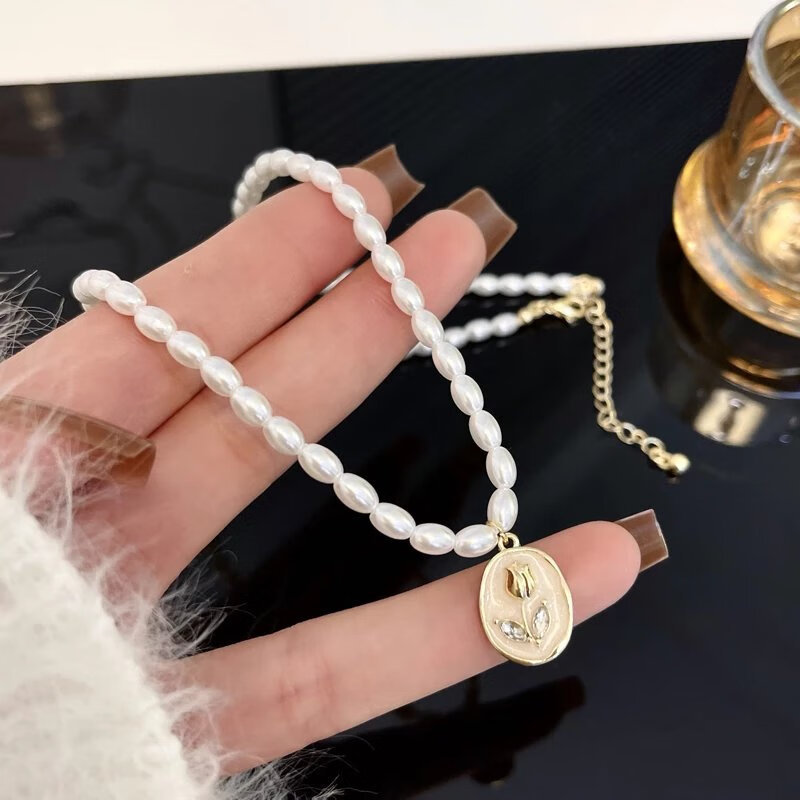 依莲妃【精选】优雅珍珠项链甜美郁金香吊坠颈链i风仙气锁骨链女 珍珠项链一条