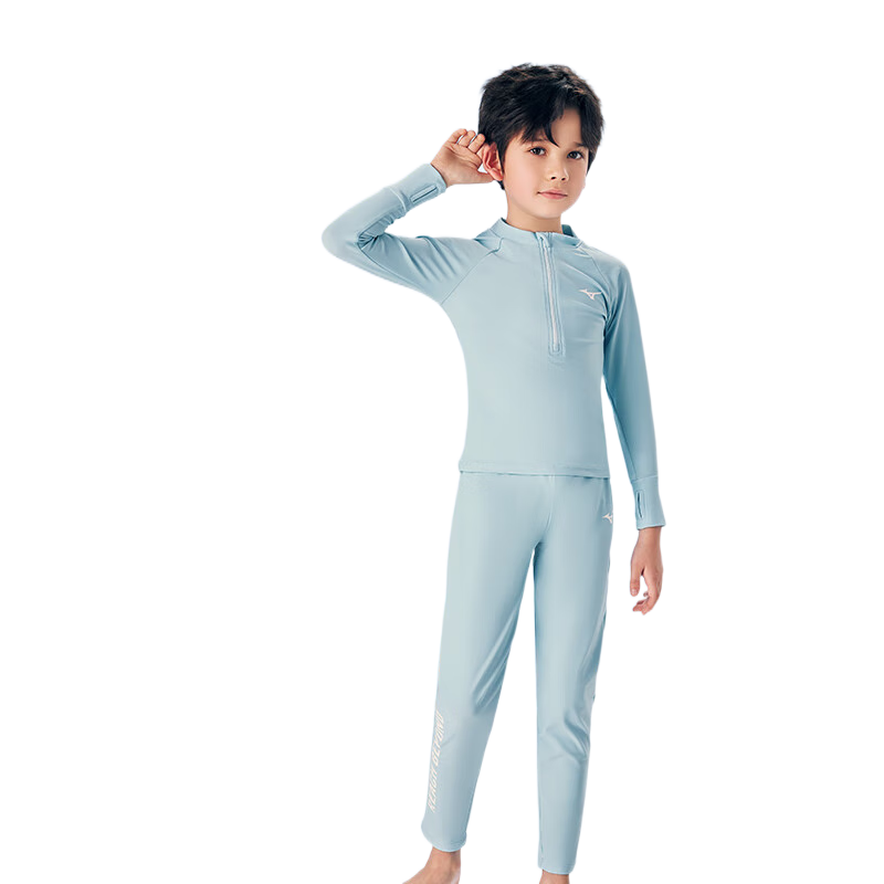 美津浓儿童泳衣男童宝宝长袖长裤分体防晒保暖女孩速干透气游泳衣装备 浅蓝 120 （高115-125cm,重22-24kg）