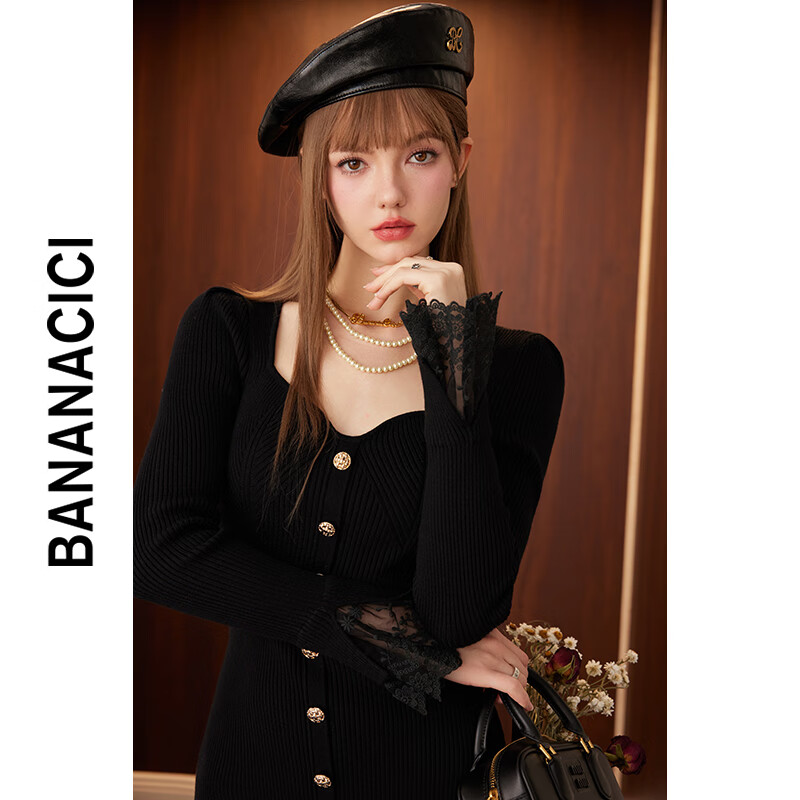 banana cici2024年秋冬新款法式纯欲风蕾丝拼接泡泡袖针织连衣裙C244LY156 黑色 M