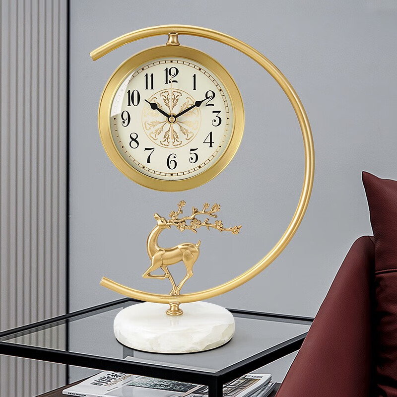 汉时（Hense）欧式轻奢黄铜座钟创意桌面台钟玄关装饰时钟客厅石英钟表HD1032 玉石底座