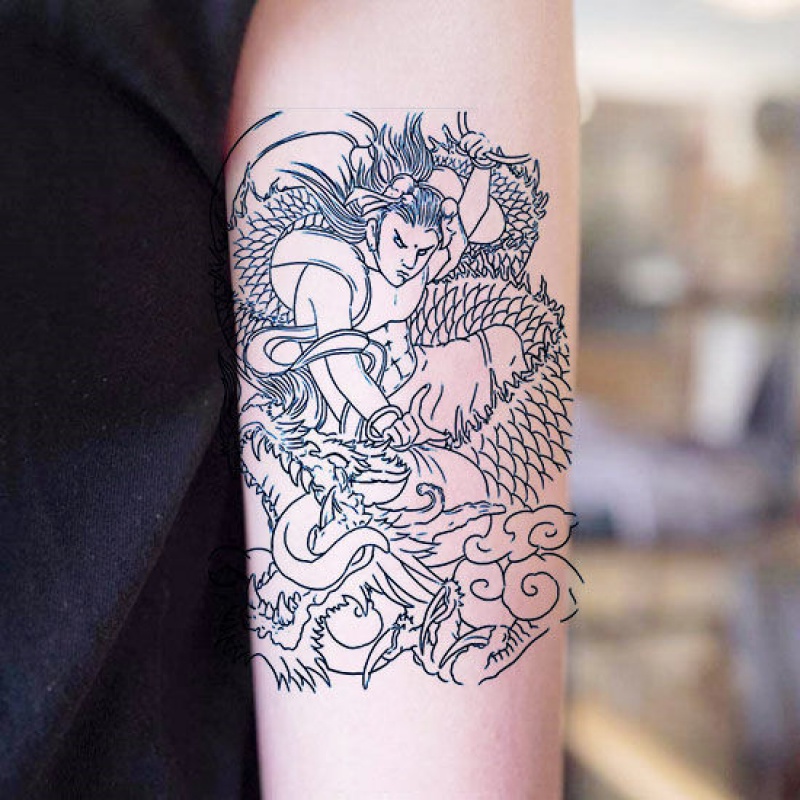 千色集哪咤挑龙筋刺青色防水男女款纹身贴仿真贴纸骑龙哪吒青龙文身