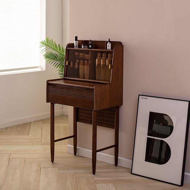 化妆桌实木胡桃木色化妆台6070cm日式 黄杨木胡桃色60cm单桌不带镜子