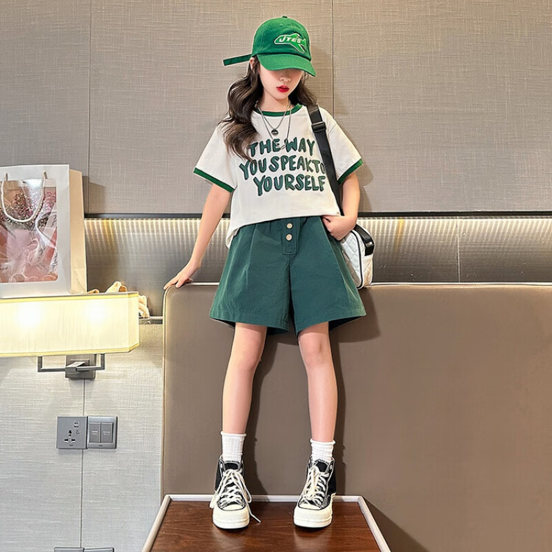 套装夏装新款儿童牛仔短裤短袖t恤两件套中大童夏装女孩衣服8 绿色