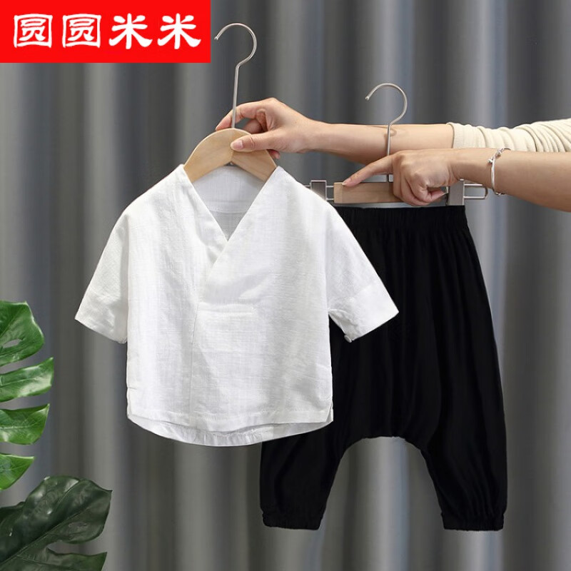 圓圓米米男童短袖套裝兒童棉麻漢服周歲寶寶中國(guó)風(fēng)唐裝小孩古裝兩件套夏季 圖片色 80