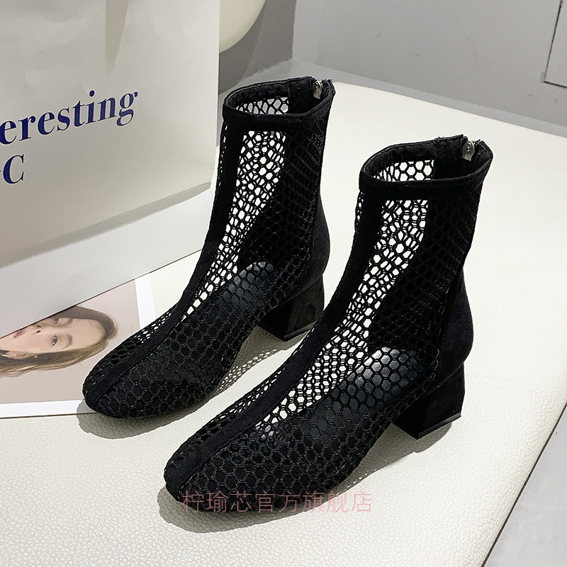 网面夏季马丁靴女透气薄款靴子网纱渔网眼女年中粗跟镂空凉靴瘦瘦短靴